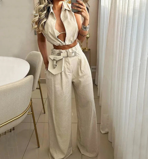 Solid Color Lapel Sexy Sleeveless Top Casual Pants Set