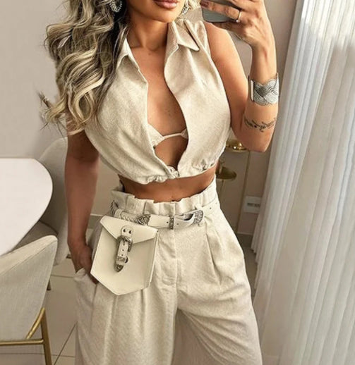 Solid Color Lapel Sexy Sleeveless Top Casual Pants Set
