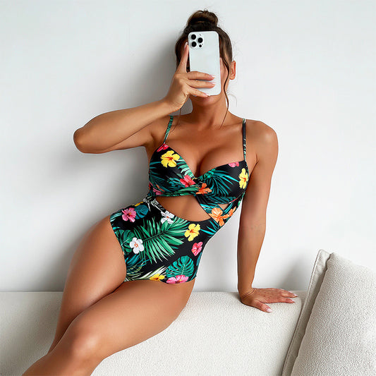 Women's Floral Slimming Hollow One-piece Swimsuit