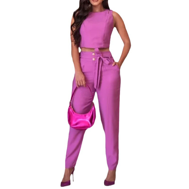 Elegance Sleeveless Pure Color Tied Slimming Blouse And Pants