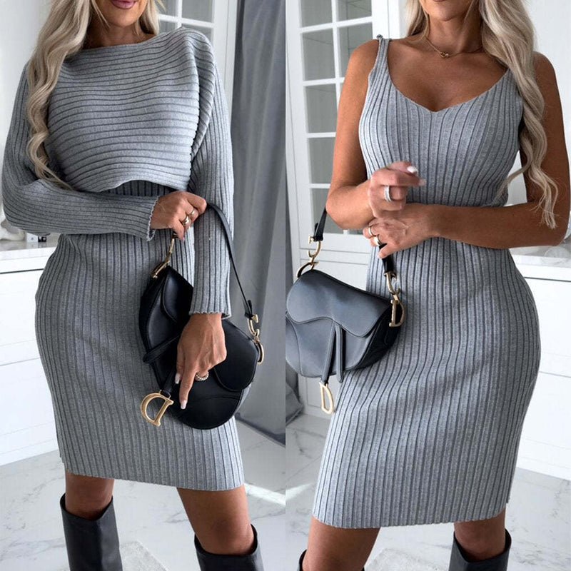 2pcs Suit Women's Solid Stripe Long-sleeved Top And Tight Suspender Skirt Fashion Autumn Winter Slim Clothing - ARCRU APPAREL
