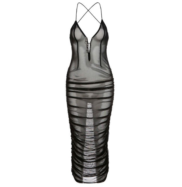 HAOYUAN-Ladies Pleated Mesh Mid-length Dress, Sexy Outfit, Thin Straps, V-neck,  Back, Tights, Club Wear, Summer 2021, Y2K