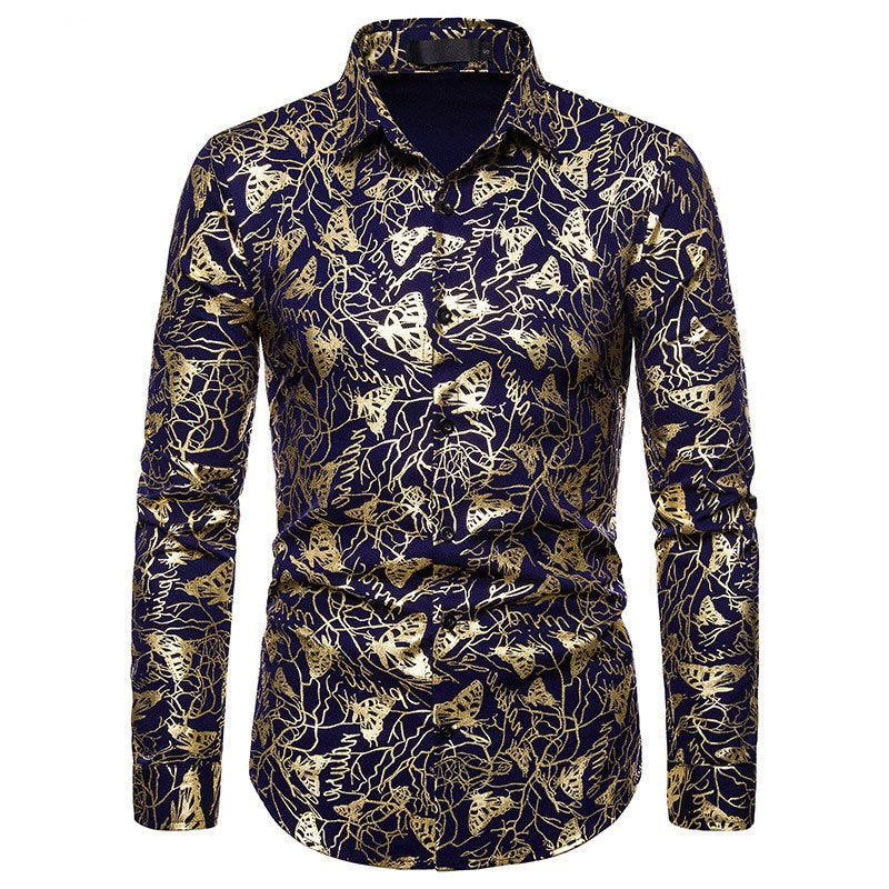 Men's lapel butterfly bronzing print long sleeve shirt men