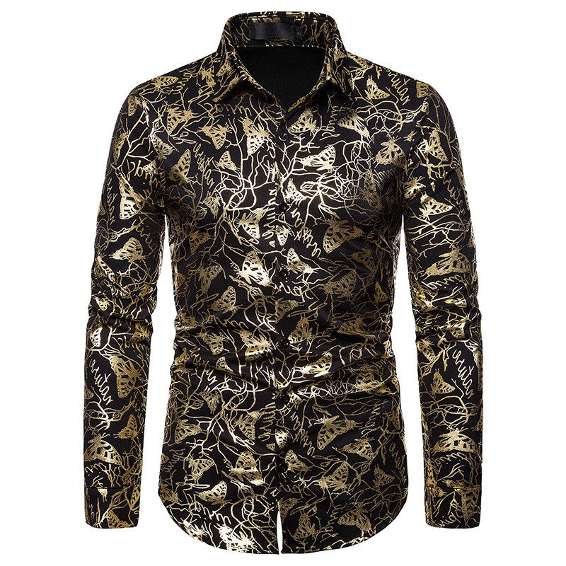 Men's lapel butterfly bronzing print long sleeve shirt men