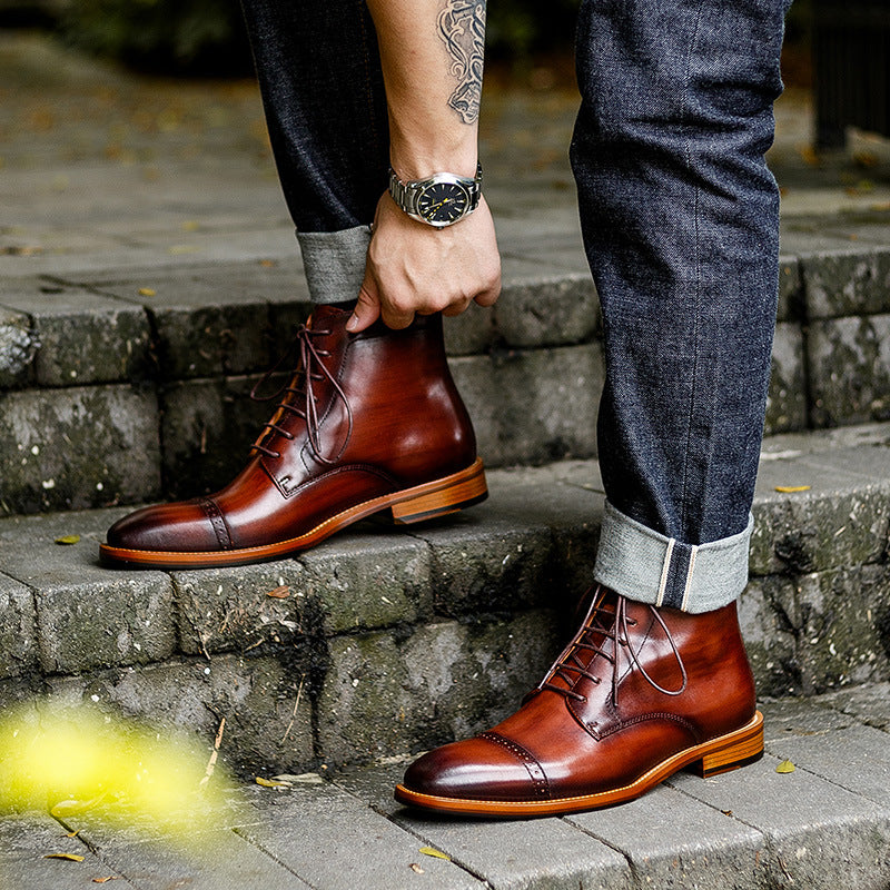 High-top Lace-up Men's Leather Boots Cowhide Men's Shoes Britis