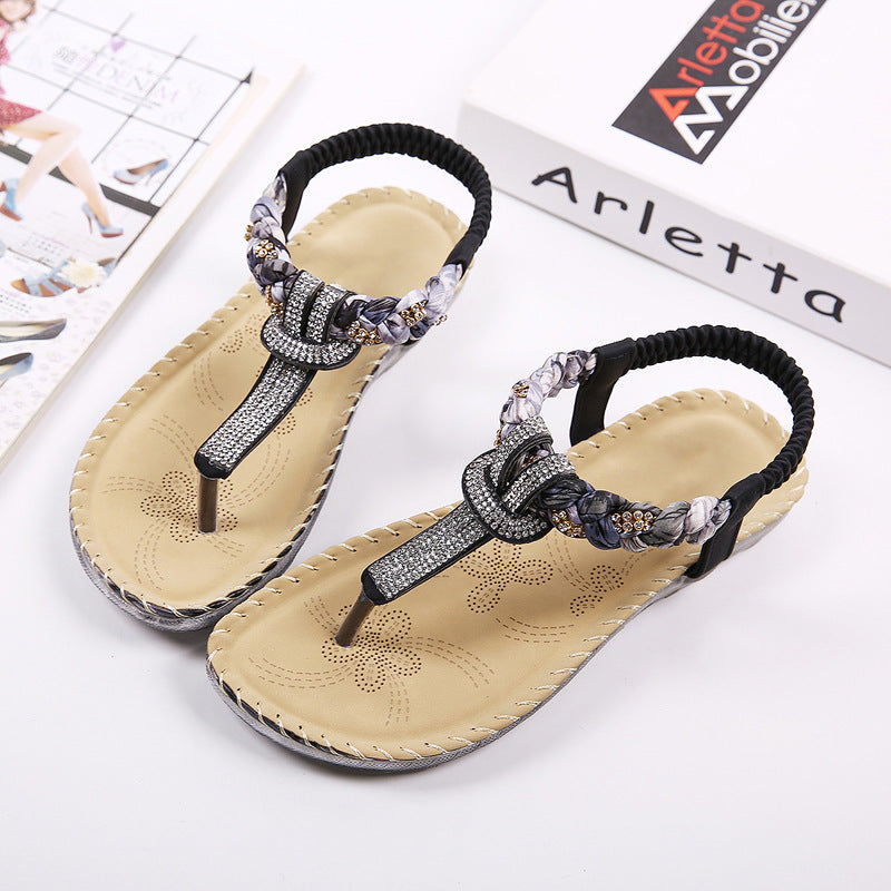 New sandals female summer rhinestone flat bottom simple sweet beach shoes pinch bohemian sandals and slippers ladies
